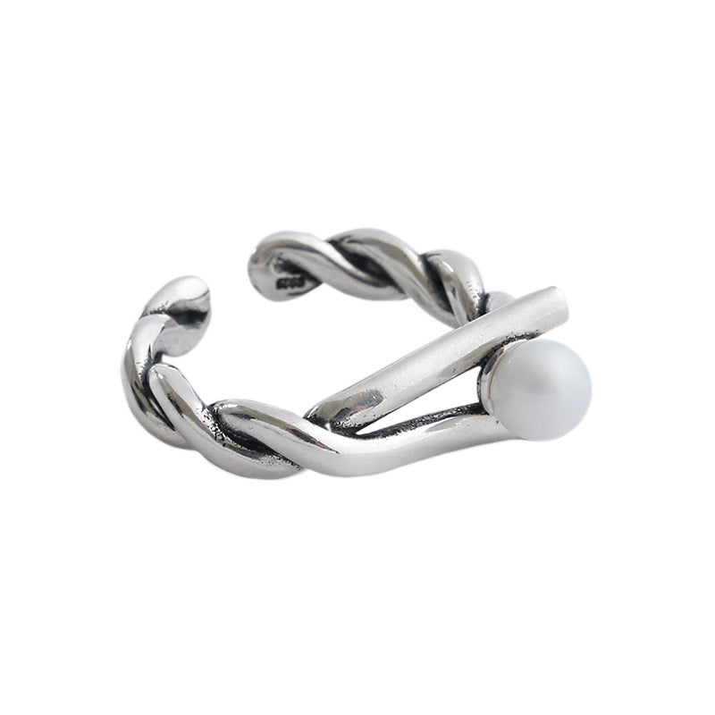 Lovcia Twisted Shell Pearl Adjustable Ring 925 Silver-Rings-Vintage-Vintage