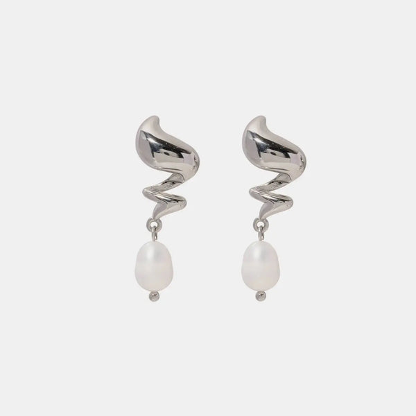 Lovcia Twisted Stainless Steel Pearl Drop Earrings-Earrings-Silver-One Size-Silver