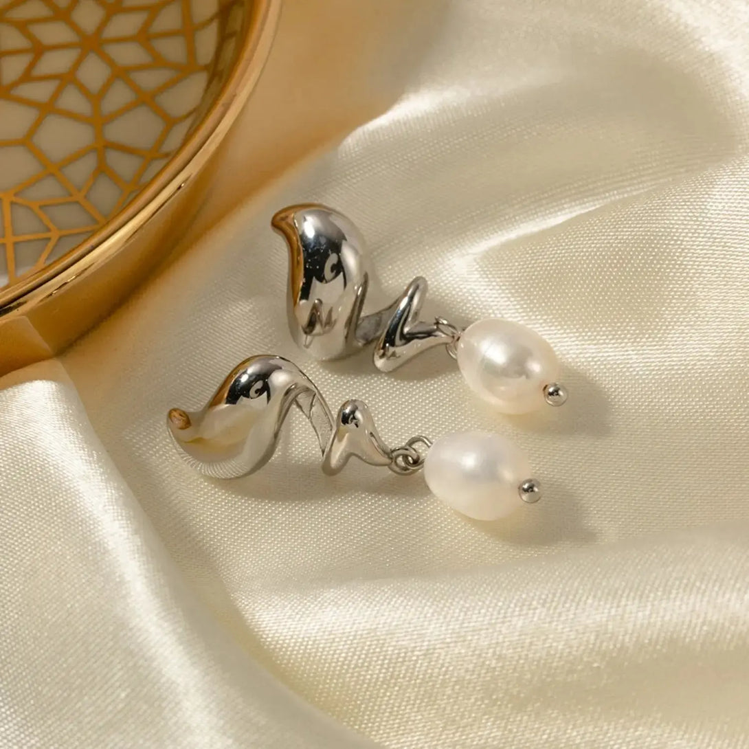Lovcia Twisted Stainless Steel Pearl Drop Earrings-Earrings-Silver-One Size-Silver