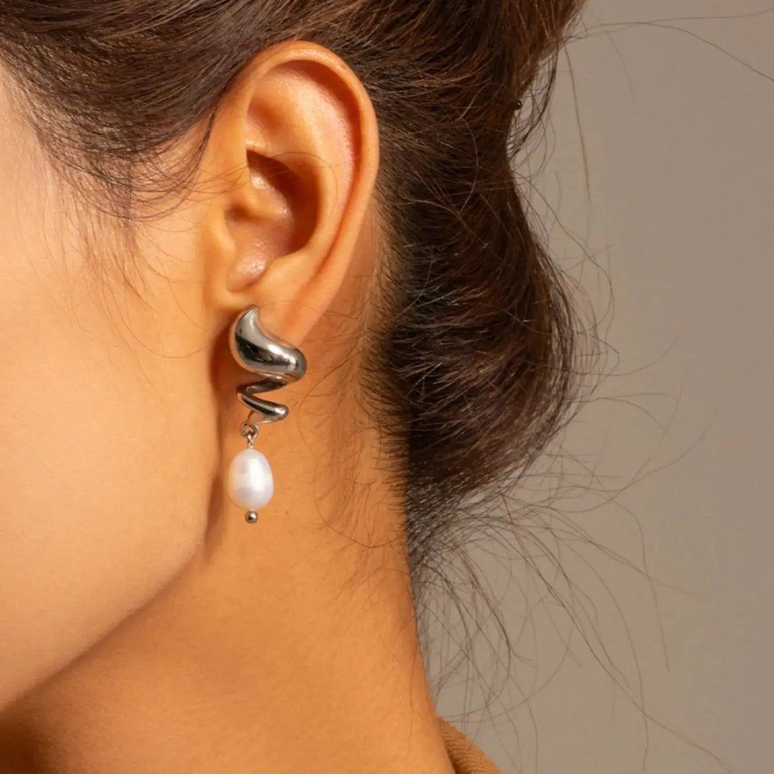Lovcia Twisted Stainless Steel Pearl Drop Earrings-Earrings-Silver-One Size-Silver