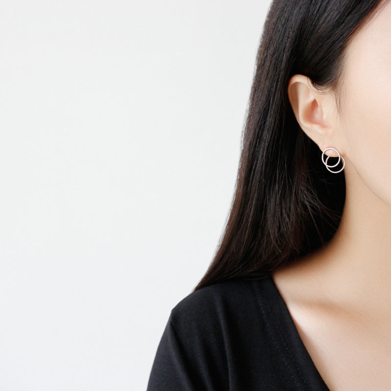 Lovcia Two Circles Sterling Silver Stud Earrings 13mm-Earrings-Rhodium-