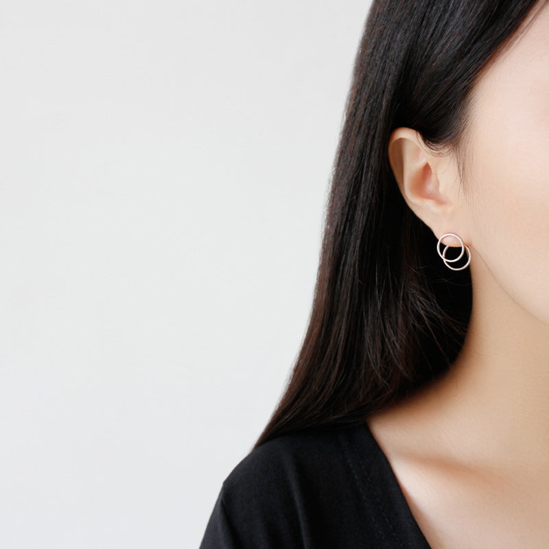 Lovcia Two Circles Sterling Silver Stud Earrings 13mm-Earrings-Rhodium-
