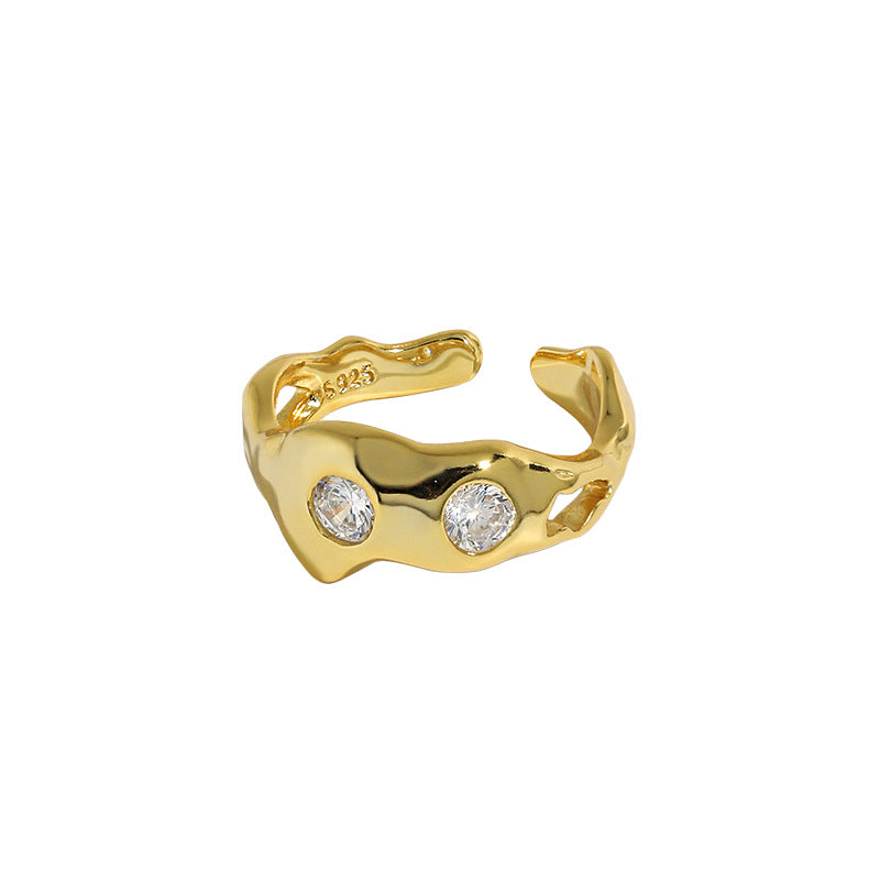Lovcia Two CZ Irregular Bones Open Ring Gold Adjustable-Rings-Yellow Gold-Yellow Gold