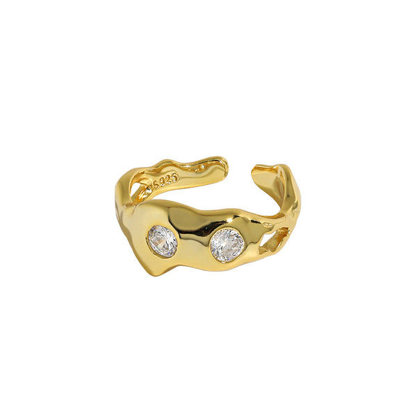Lovcia Two CZ Irregular Bones Open Ring Gold Adjustable-Rings-Yellow Gold-Yellow Gold