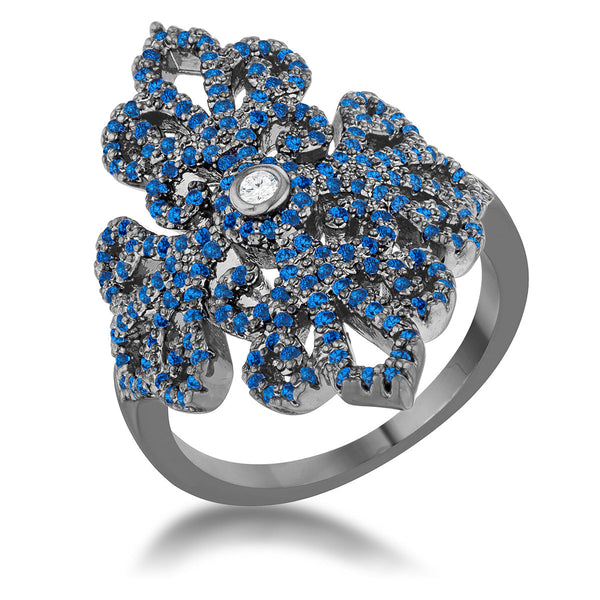 Lovcia Victorian Filigree Sapphire CZ Hematite Cocktail Ring - 1.23ct-Rings-5-5