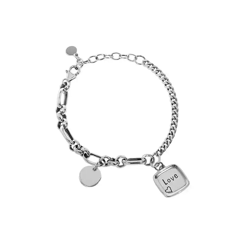 Lovcia Vintage Asymmetry Curb Figaro Chain Love Drop 925 Sterling Silver Bracelet-Bracelets-Vintage-Vintage