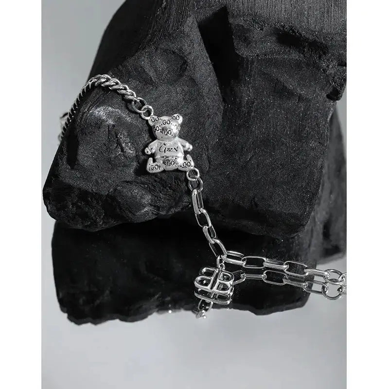 Lovcia Vintage Asymmetry Paperclip Curb Chain B Bear 925 Sterling Silver Bracelet-Bracelets-Vintage-Vintage