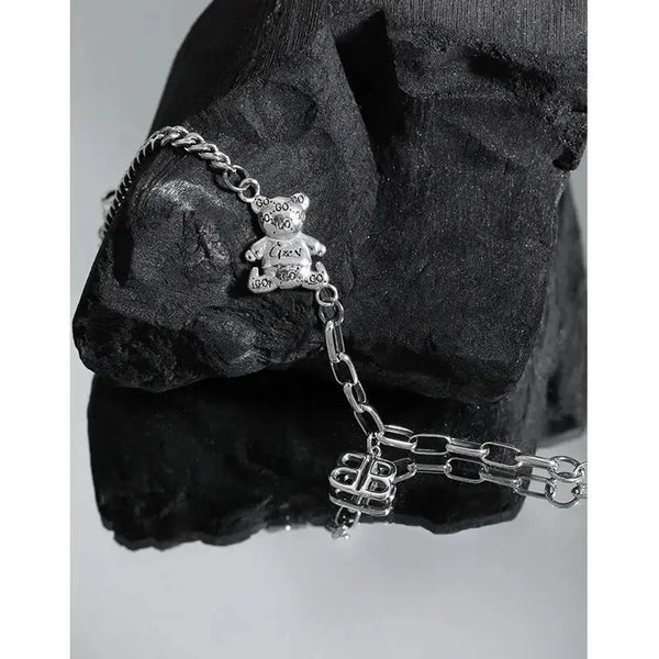 Lovcia Vintage Asymmetry Paperclip Curb Chain B Bear 925 Sterling Silver Bracelet-Bracelets-Vintage-Vintage