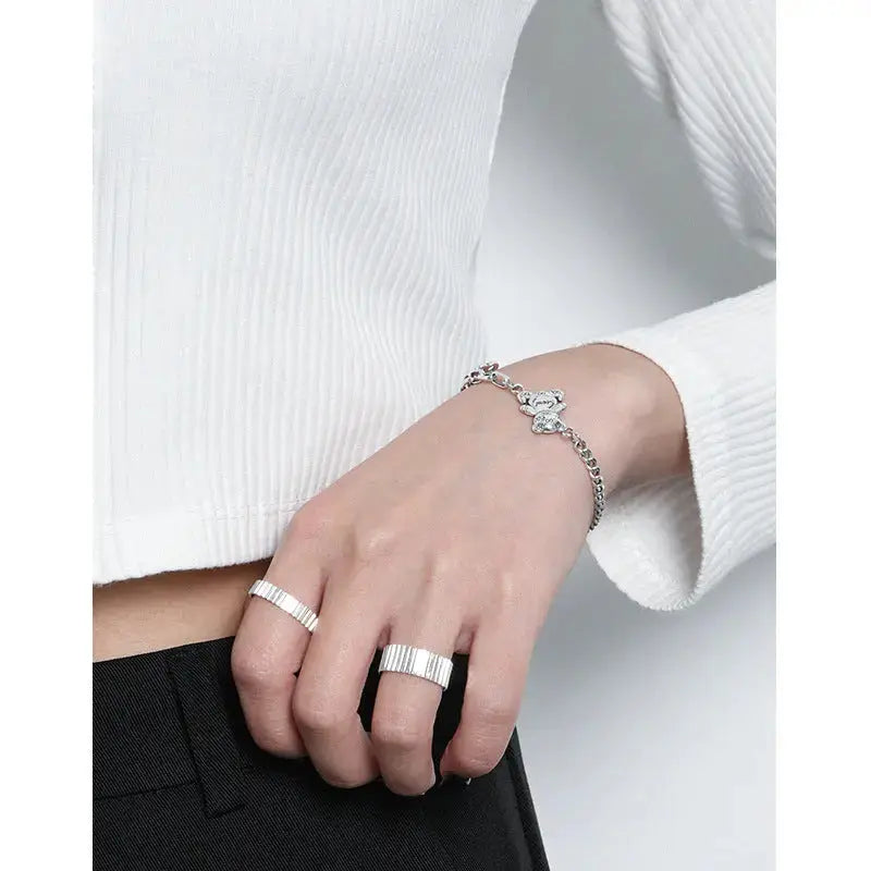 Lovcia Vintage Asymmetry Paperclip Curb Chain B Bear 925 Sterling Silver Bracelet-Bracelets-Vintage-Vintage