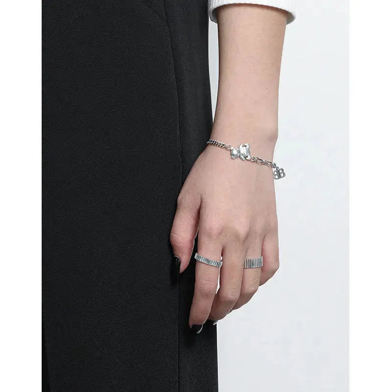 Lovcia Vintage Asymmetry Paperclip Curb Chain B Bear 925 Sterling Silver Bracelet-Bracelets-Vintage-Vintage