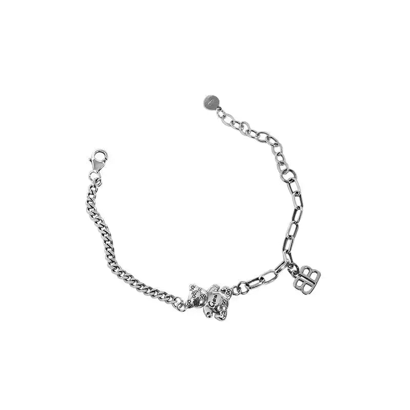 Lovcia Vintage Asymmetry Paperclip Curb Chain B Bear 925 Sterling Silver Bracelet-Bracelets-Vintage-Vintage