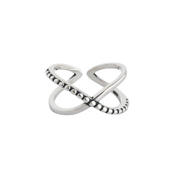 Lovcia Vintage Beads Border Cross Adjustable Sterling Ring-Rings-US 6-