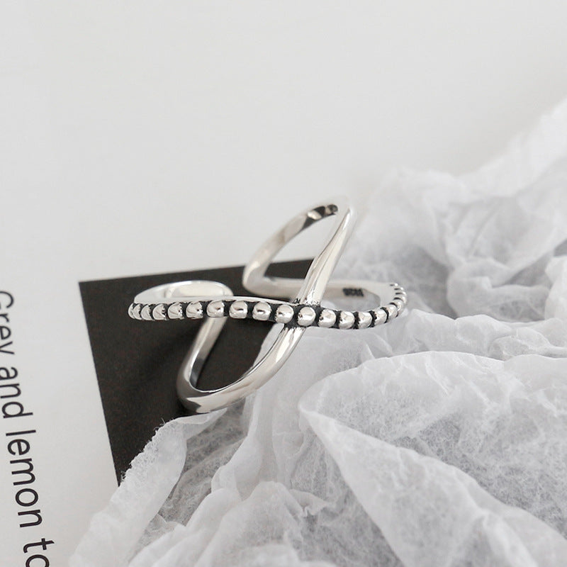 Lovcia Vintage Beads Border Cross Adjustable Sterling Ring-Rings-US 6-US 6