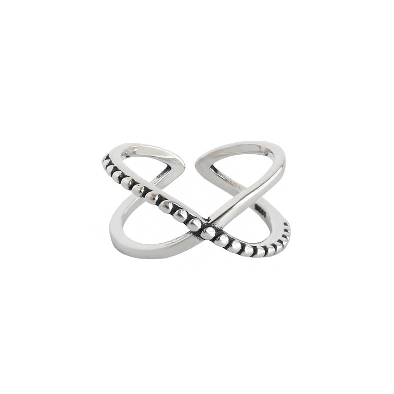 Lovcia Vintage Beads Border Cross Adjustable Sterling Ring-Rings-US 6-US 6