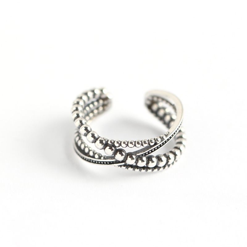 Lovcia Vintage Beads Cross Sterling Silver Adjustable Ring-Rings-