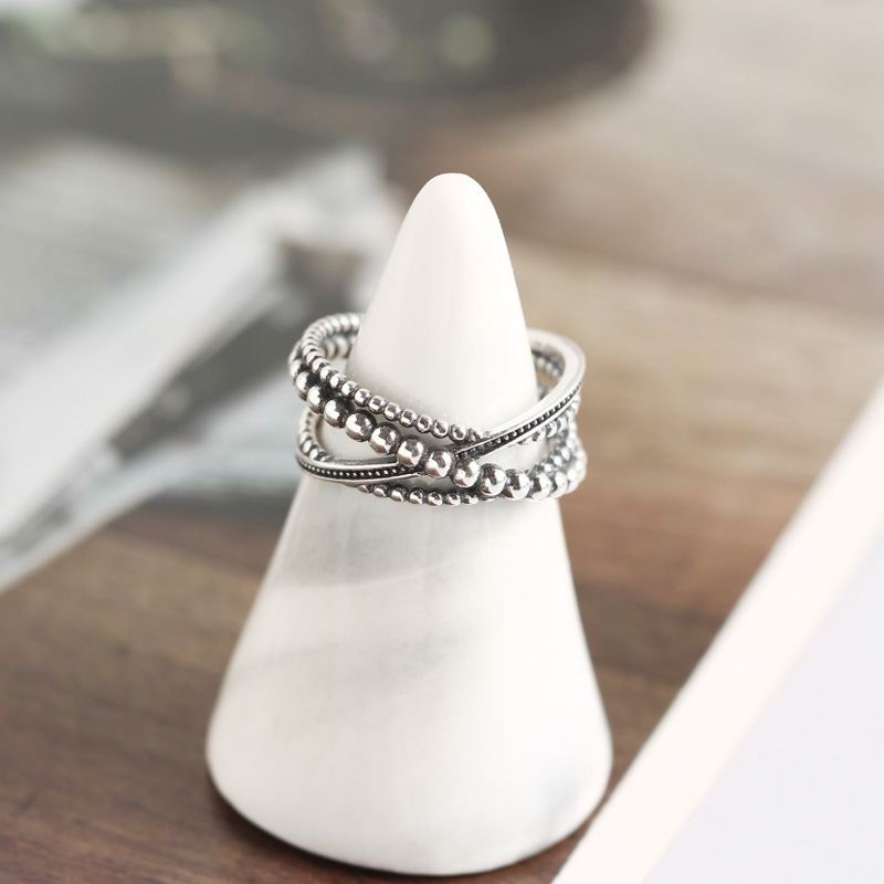 Lovcia Vintage Beads Cross Sterling Silver Adjustable Ring-Rings-