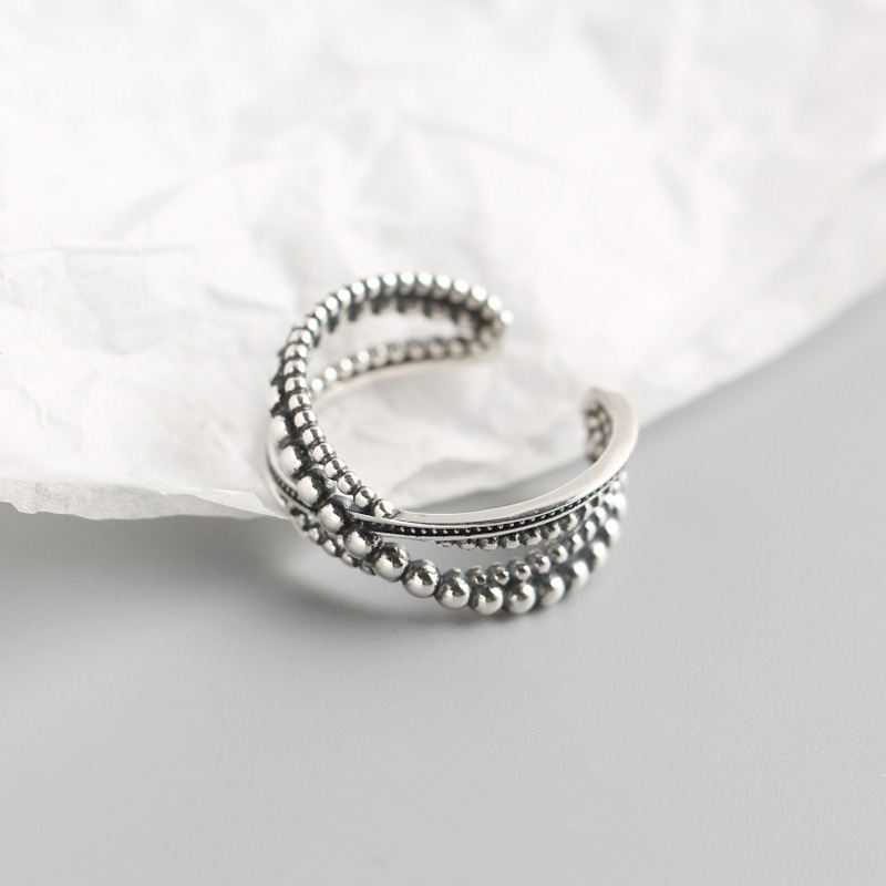 Lovcia Vintage Beads Cross Sterling Silver Adjustable Ring-Rings-
