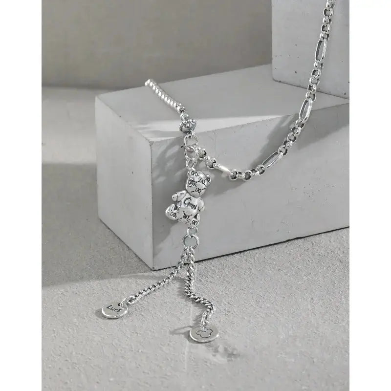 Lovcia Vintage Bear Luck Dangle Beads Paperclip Chain 925 Sterling Silver Necklace-Necklaces-Vintage-Vintage