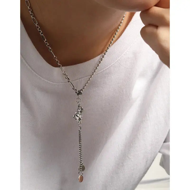 Lovcia Vintage Bear Luck Dangle Beads Paperclip Chain 925 Sterling Silver Necklace-Necklaces-Vintage-Vintage