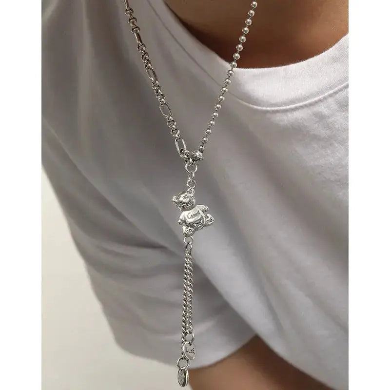 Lovcia Vintage Bear Luck Dangle Beads Paperclip Chain 925 Sterling Silver Necklace-Necklaces-Vintage-Vintage