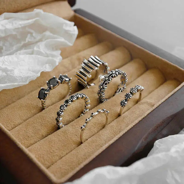 Lovcia Vintage Black CZ Daisy Flower Bud Lines 925 Sterling Silver Adjustable Ring-Rings-1696 Lines Ring-1696 Lines Ring