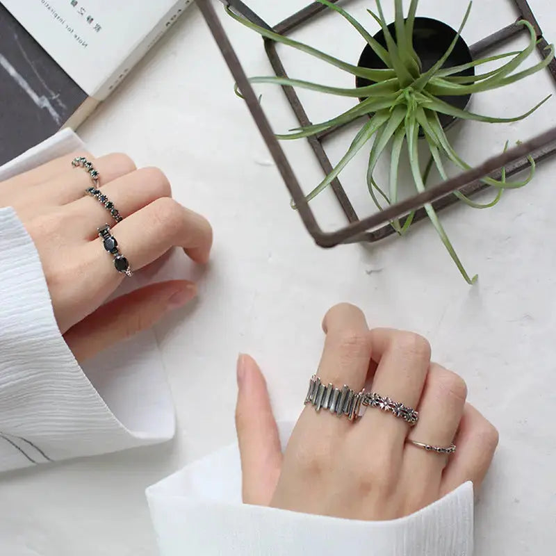 Lovcia Vintage Black CZ Daisy Flower Bud Lines 925 Sterling Silver Adjustable Ring-Rings-1696 Lines Ring-1696 Lines Ring