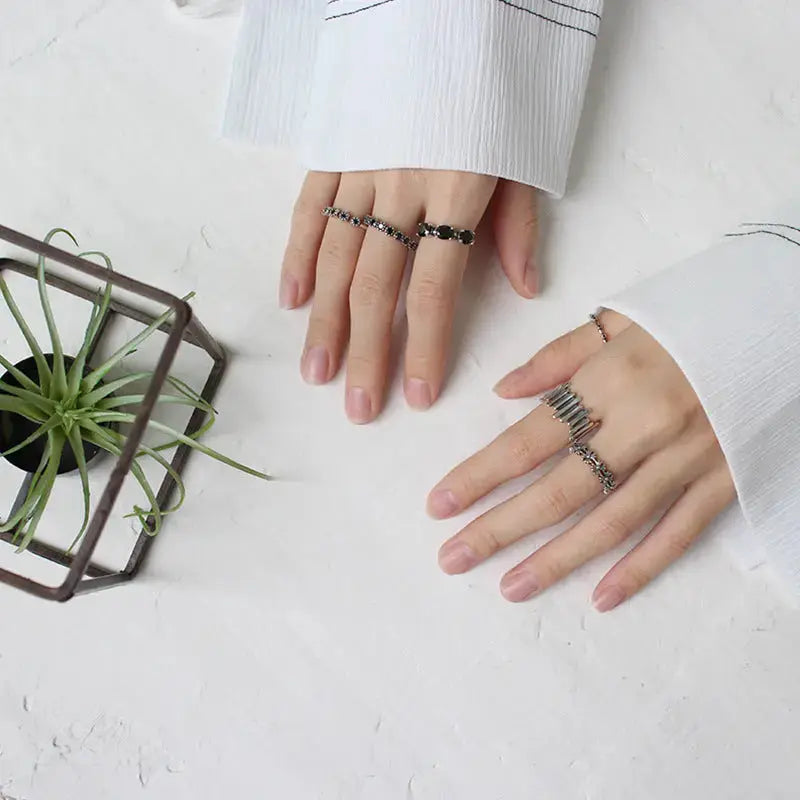 Lovcia Vintage Black CZ Daisy Flower Bud Lines 925 Sterling Silver Adjustable Ring-Rings-1696 Lines Ring-1696 Lines Ring