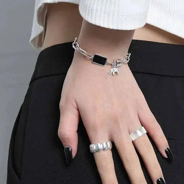 Lovcia Vintage Black Rectangle Elephant Lock 925 Sterling Silver Bracelet-Bracelets-