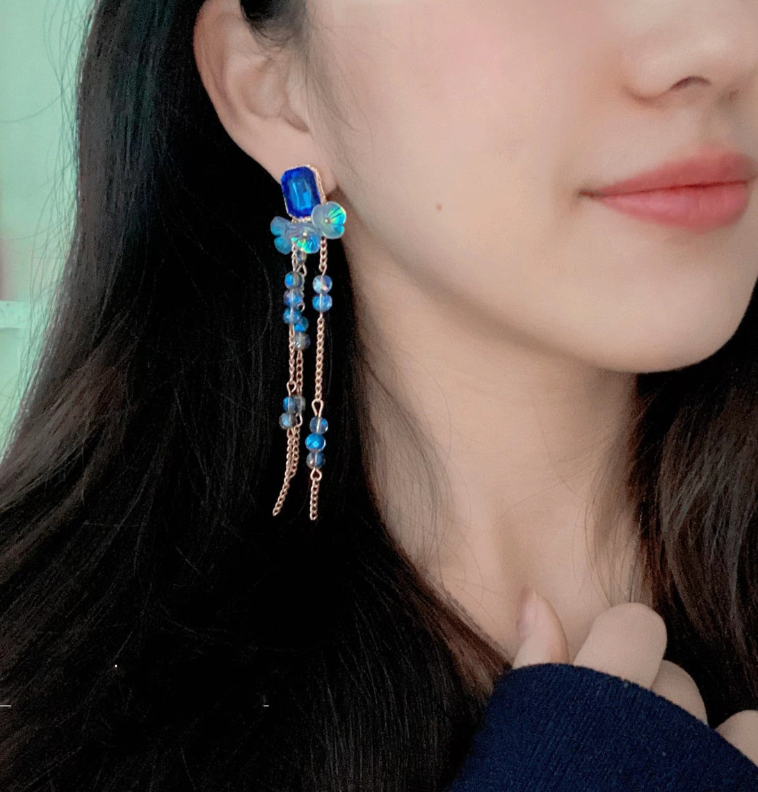 Lovcia Vintage Blue and Purple Crystal Floral Tassel Earrings for Women-Earrings-Blue-Blue