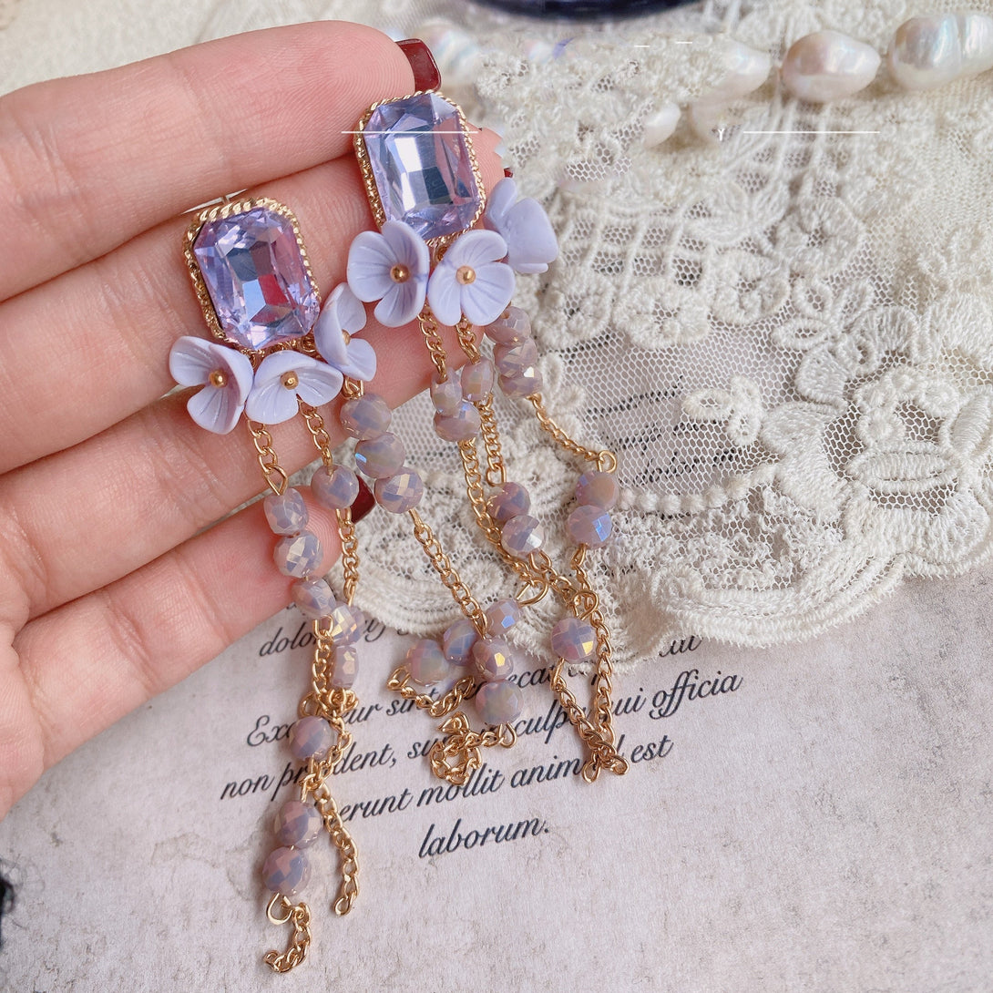 Lovcia Vintage Blue and Purple Crystal Floral Tassel Earrings for Women-Earrings-Purple-Purple