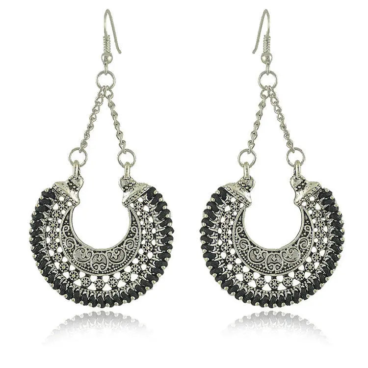 Lovcia Vintage Boho Crescent Moon Flower Basket Earrings-Earrings-Black-Black