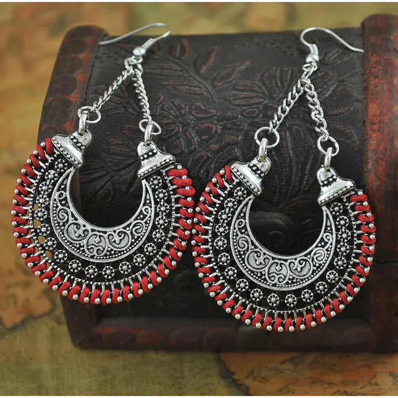Lovcia Vintage Boho Crescent Moon Flower Basket Earrings-Earrings-Red-Red