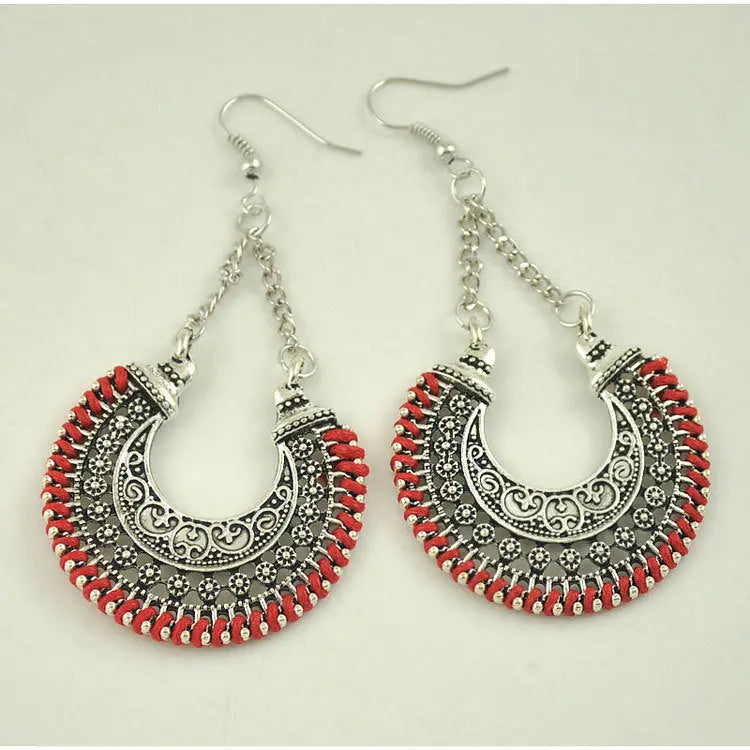 Lovcia Vintage Boho Crescent Moon Flower Basket Earrings-Earrings-Red-Red