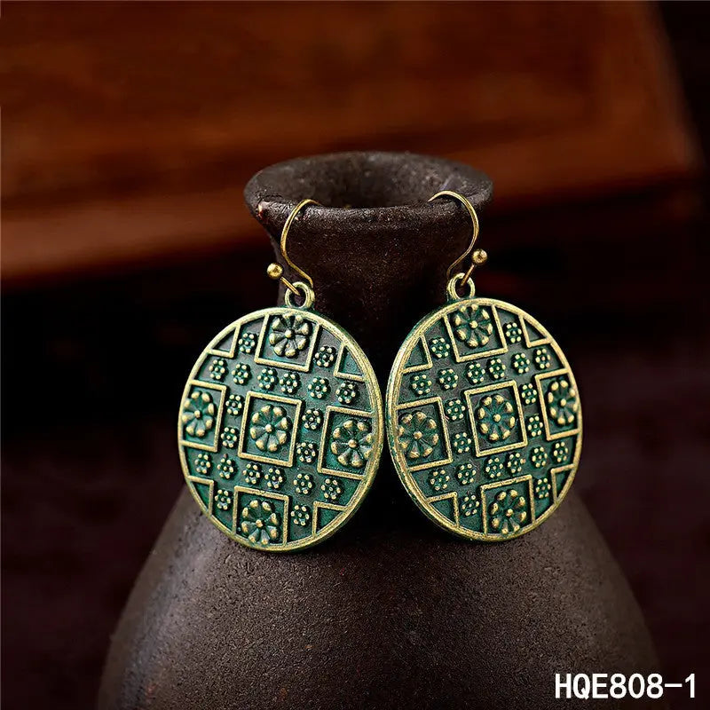 Lovcia Vintage Bronze Alloy Earrings with National Style Design-Earrings-All green-All green