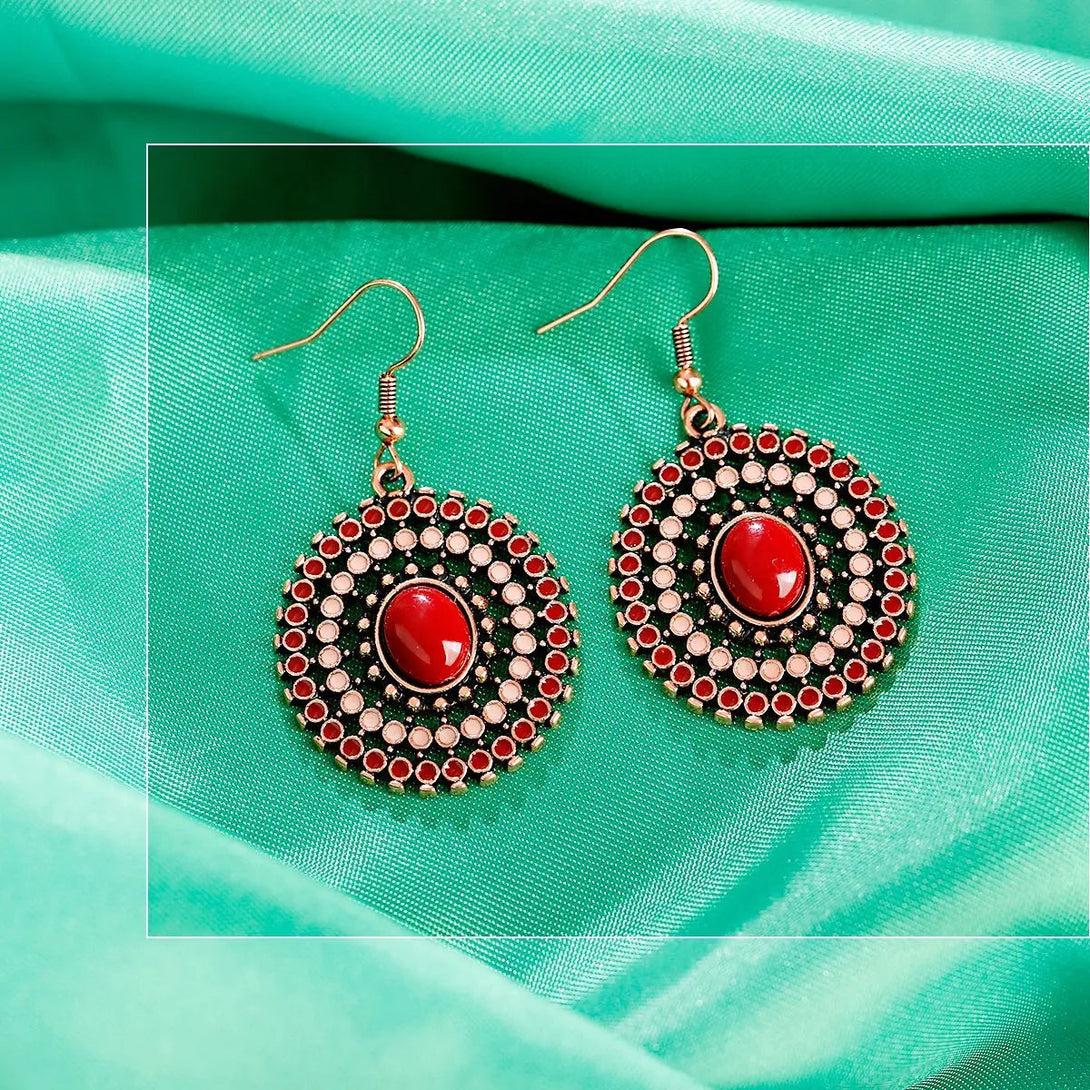 Lovcia Vintage Bronze Alloy Earrings with National Style Design-Earrings-Red round dot-Red round dot