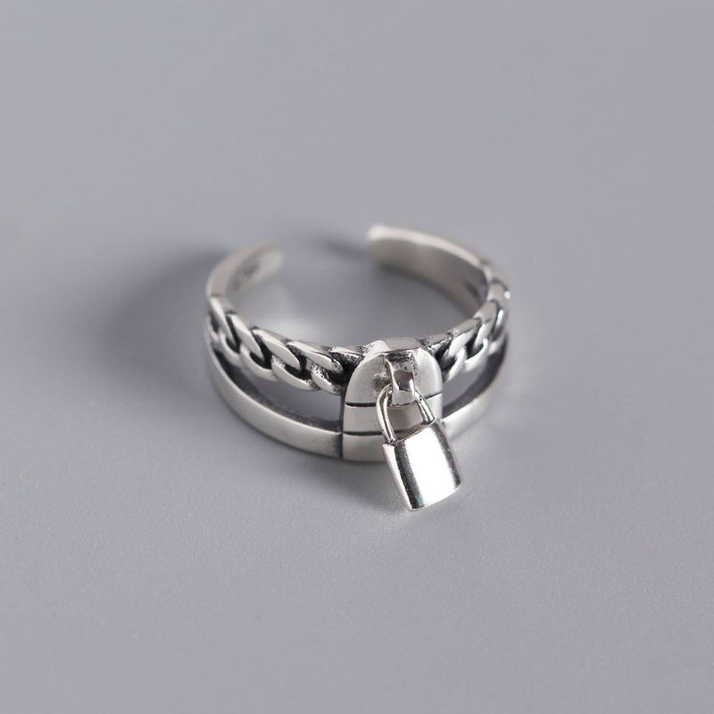 Lovcia Vintage Chain Lock Style Adjustable Ring in 925 Sterling Silver-Rings-