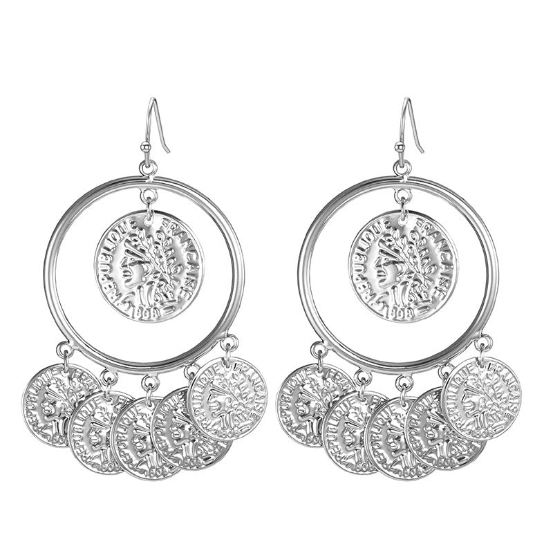 Lovcia Vintage Coin Drop Statement Dangle Earrings for Women-Earrings-Silver-Silver