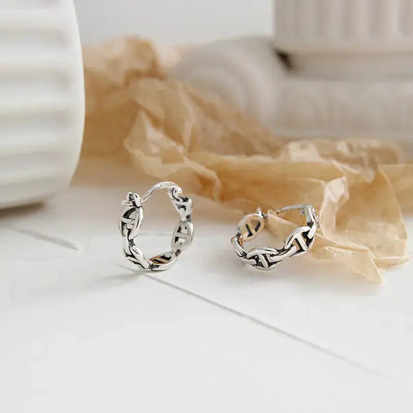 Lovcia Vintage Cool Hollow Chain 925 Sterling Silver Huggie Hoop Earrings-Earrings-Vintage-Vintage