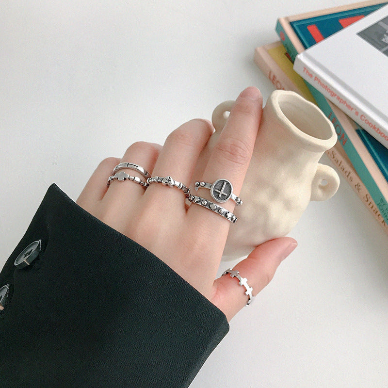Lovcia Vintage Cross 925 Sterling Silver Adjustable Ring-Rings-#F-#F