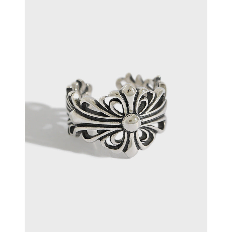 Lovcia Vintage Cross Flower Adjustable Sterling Silver Ring-Rings-Women Ring-