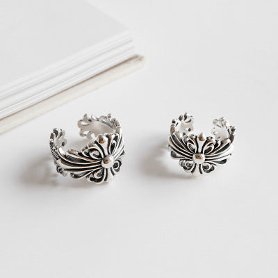 Lovcia Vintage Cross Flower Adjustable Sterling Silver Ring-Rings-Women Ring-