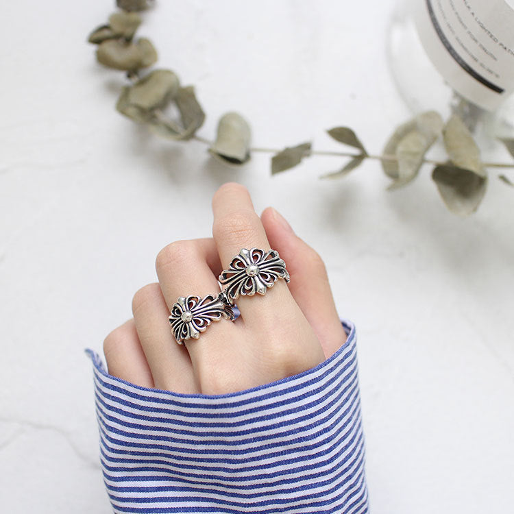 Lovcia Vintage Cross Flower Adjustable Sterling Silver Ring-Rings-Women Ring-