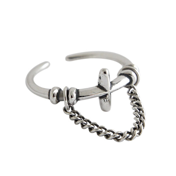 Lovcia Vintage Cross Hollow Chain Ring 925 Silver Adjustable-Rings-Vintage-