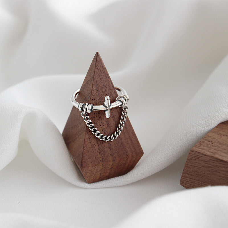 Lovcia Vintage Cross Hollow Chain Ring 925 Silver Adjustable-Rings-Vintage-Vintage