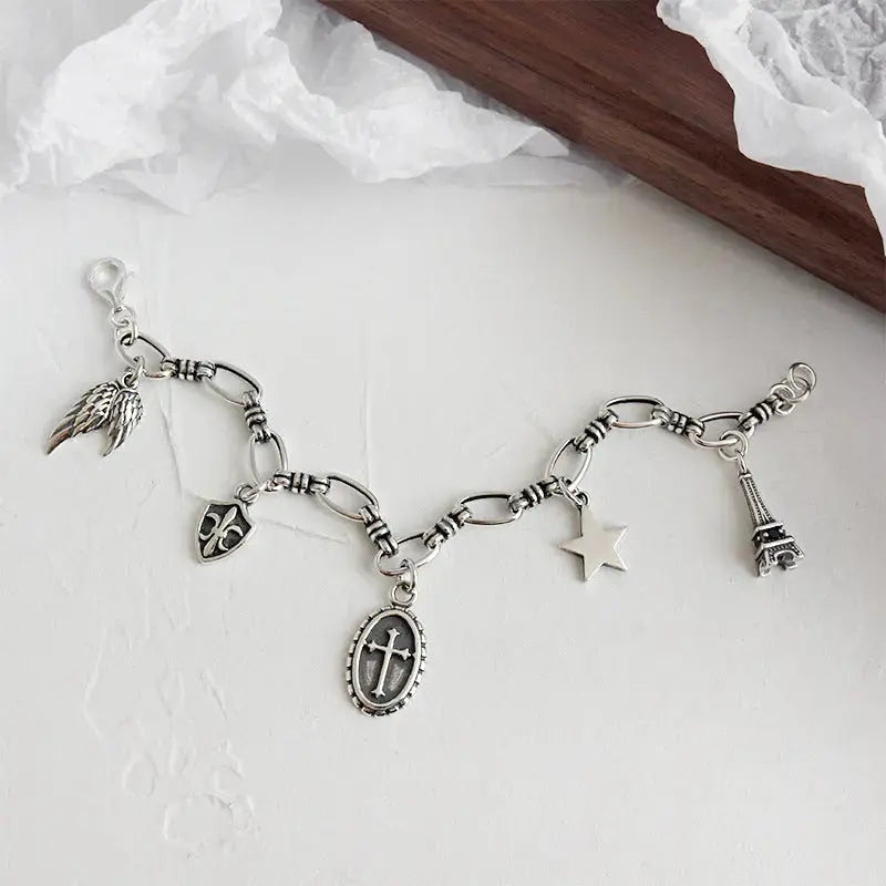 Lovcia Vintage Cross Star Wings Eiffel Tower Shield 925 Sterling Silver Bracelet-Bracelets-Vintage-Vintage