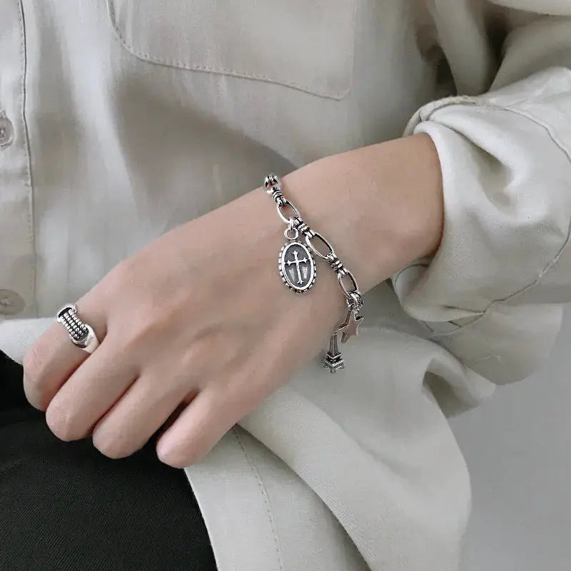 Lovcia Vintage Cross Star Wings Eiffel Tower Shield 925 Sterling Silver Bracelet-Bracelets-Vintage-Vintage