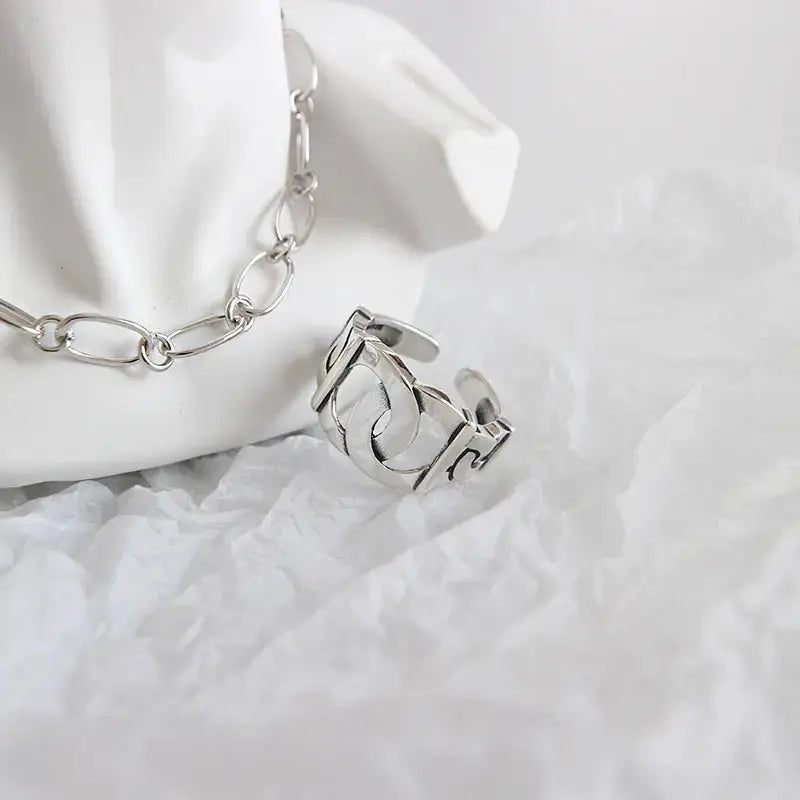 Lovcia Vintage Curb Chain Hollow 925 Sterling Silver Adjustable Ring-Rings-Vintage-Vintage