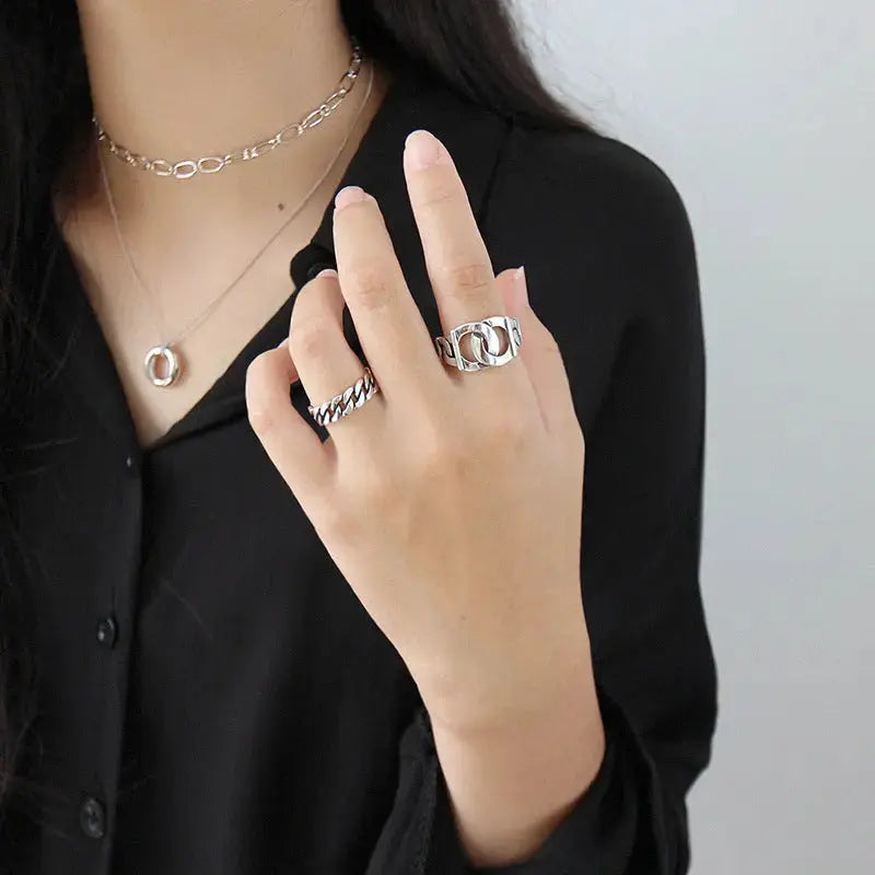 Lovcia Vintage Curb Chain Hollow 925 Sterling Silver Adjustable Ring-Rings-Vintage-Vintage