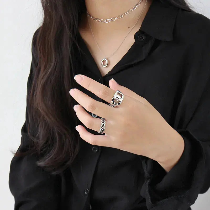 Lovcia Vintage Curb Chain Hollow 925 Sterling Silver Adjustable Ring-Rings-Vintage-Vintage