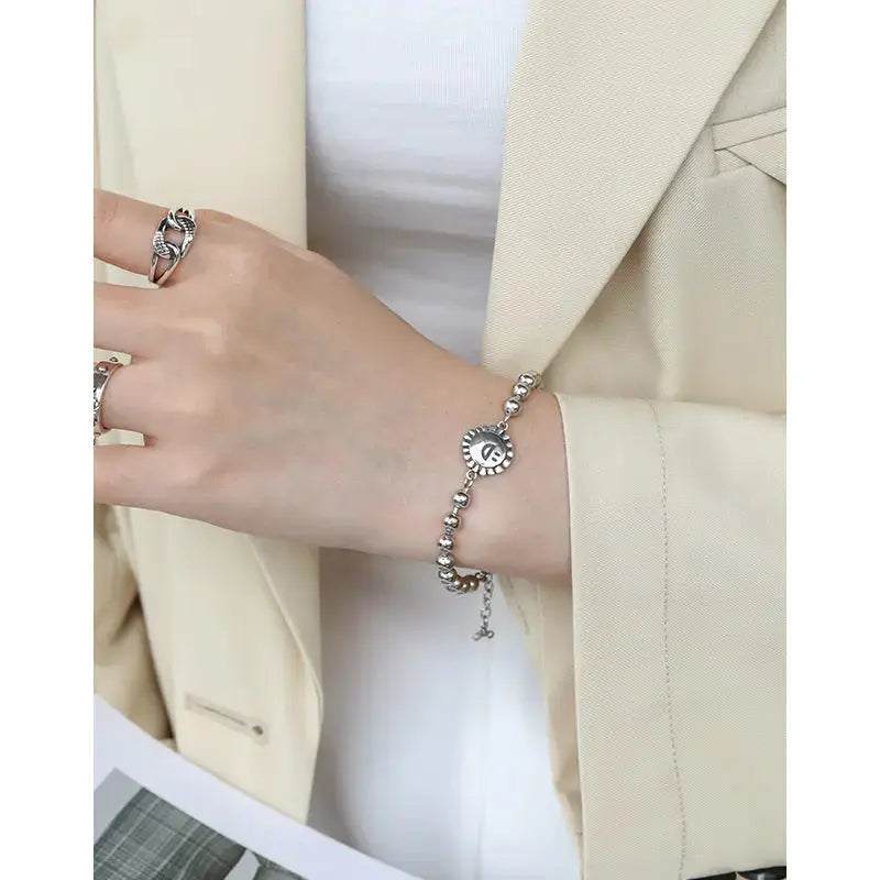 Lovcia Vintage Cute Smile Sunflower Bead Chain 925 Sterling Silver Bracelet-Bracelets-Vintage-Vintage